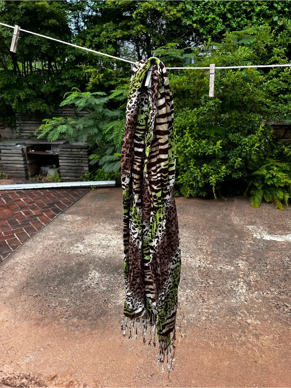 Animal Print Tassel Scarf - Brown & Green